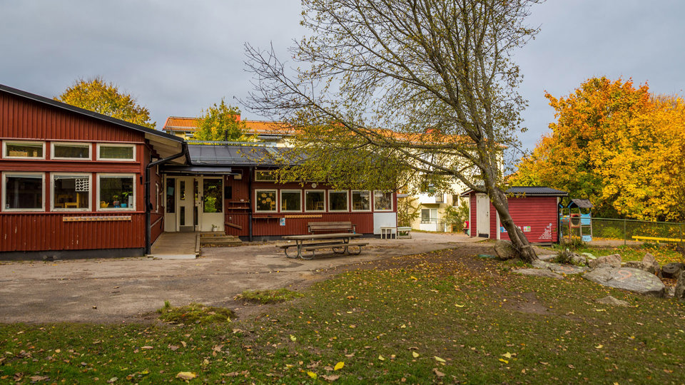 Röda träbyggnader omgivna av träd i höstfärger, foto.