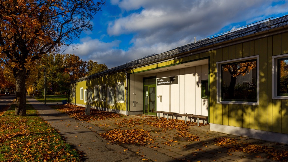 Byggnad höstlöv på marken utanför och träd intill 