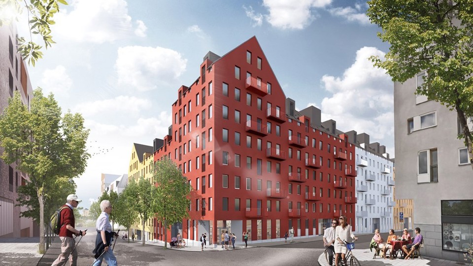 Illustration av kvarteret Mangon med ett rött flerbostadshus i förgrunden.