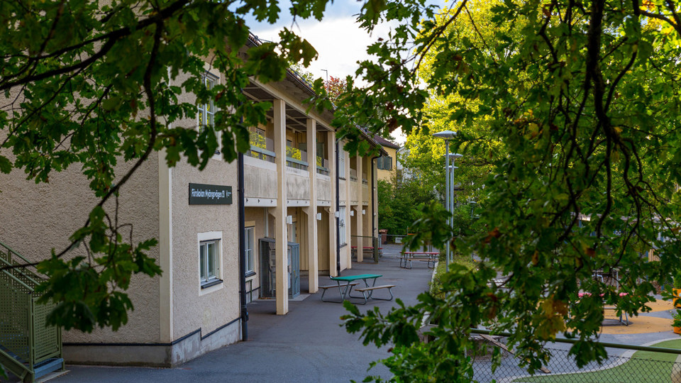 Förskolebyggnad med asfalterad gårdsplan skymtar mellan trädgrenar. Sittplatser vid entrén.