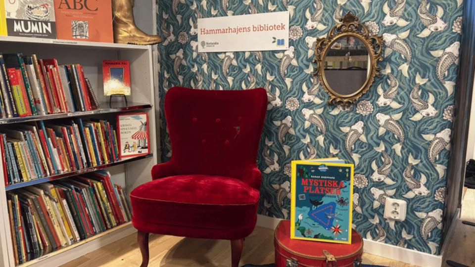Bokhylla och mysig sammetsfåtölj, foto. 