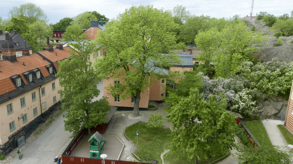 Vy över förskolegård med lekredskap, gräsytor, byggnader och grönskande träd.