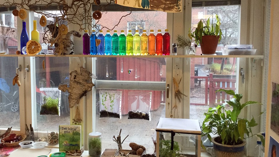 Ett fönster inifrån förskolan och ut mot gården. I fönstret står växter och flaskor fyllda med vätskor i regnbågens färger.