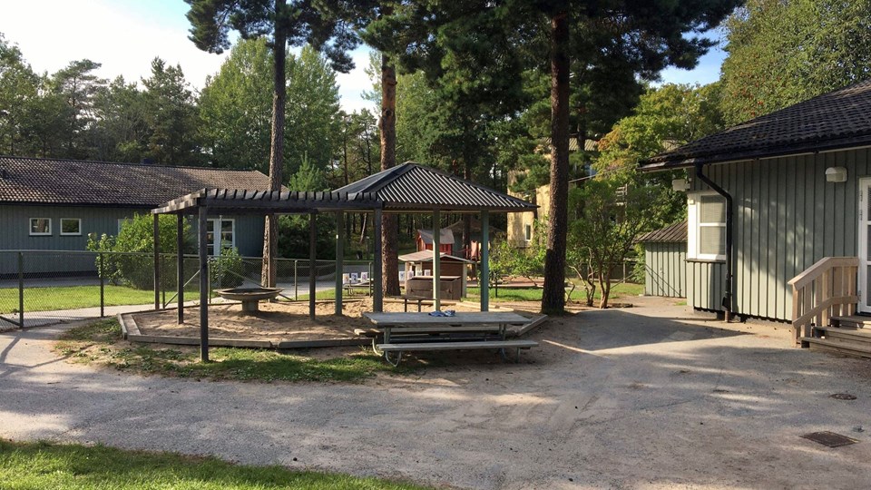 Bild på en sandlåda, träd och två enplansbyggnader på förskolegården.
